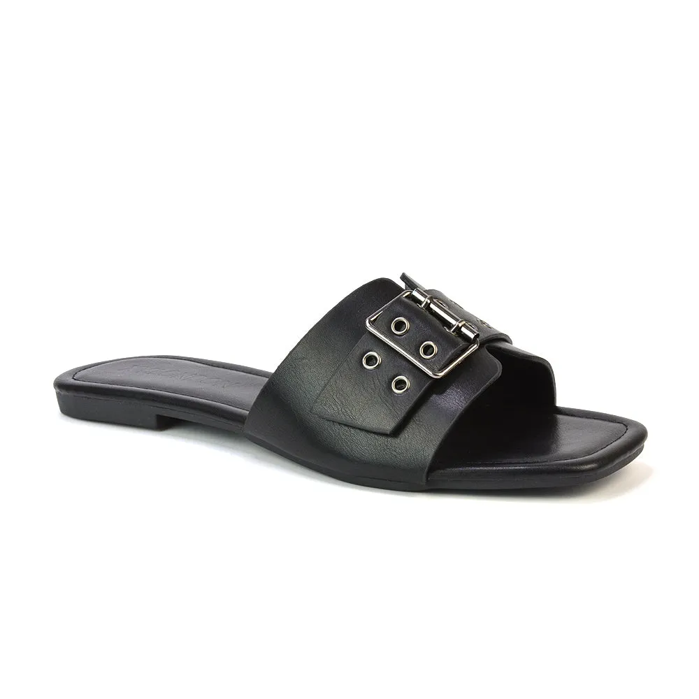 Inez Square Toe Slip On Strappy Flat Sandals With Buckle in Black