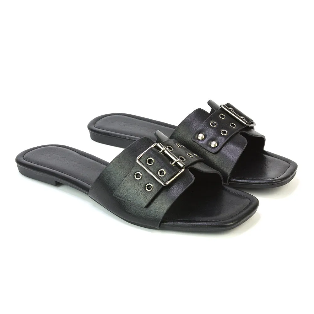 Inez Square Toe Slip On Strappy Flat Sandals With Buckle in Black