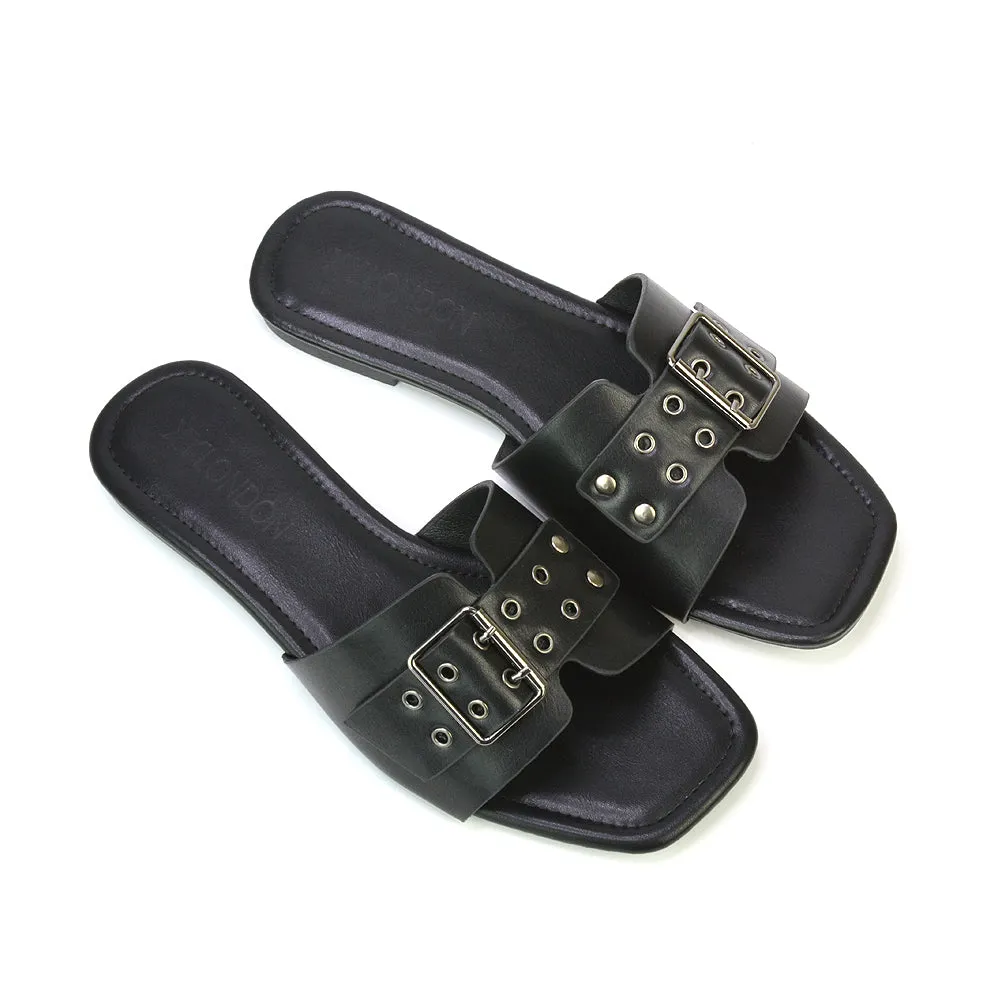 Inez Square Toe Slip On Strappy Flat Sandals With Buckle in Black