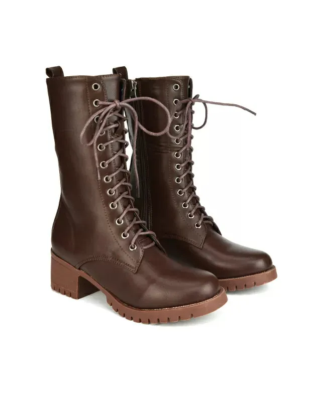 JENNIFER LACE LOW BLOCK HEELED MILITARY BIKER ANKLE BOOTS IN BROWN SYNTHETIC LEATHER