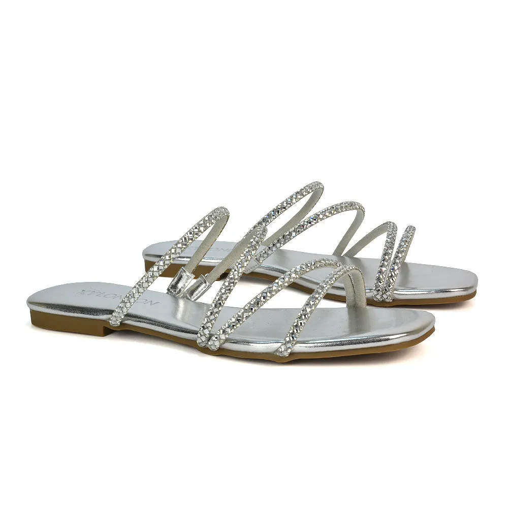 Kiki Slip On Sliders Diamante Flat Sandal Summer Shoes With Square Toe in Silver