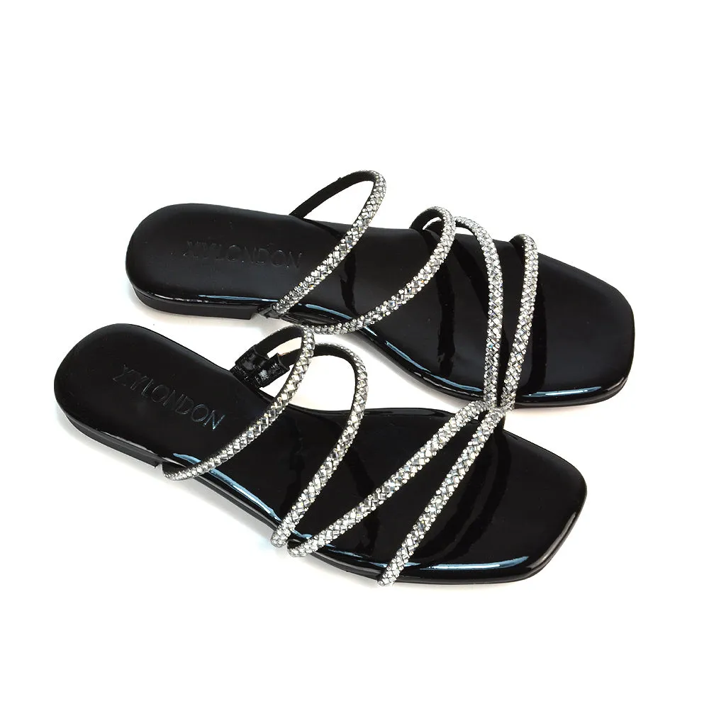 Kiki Slip On Sliders Diamante Flat Sandal Summer Shoes With Square Toe in Silver