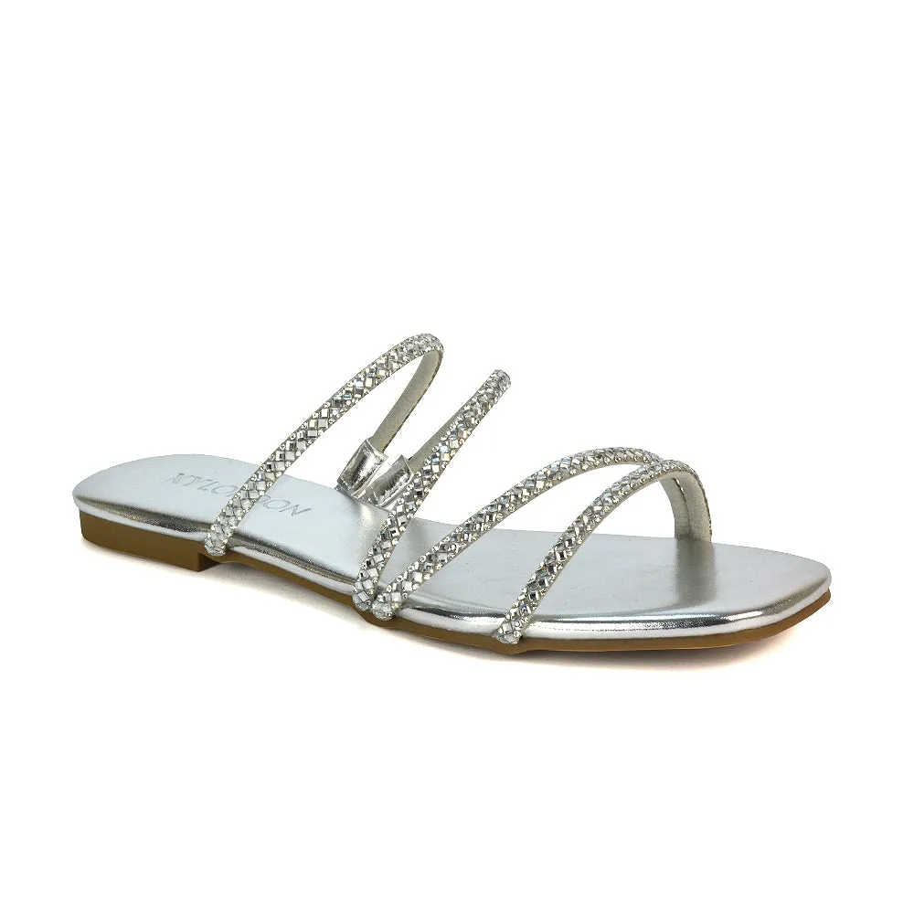 Kiki Slip On Sliders Diamante Flat Sandal Summer Shoes With Square Toe in Silver