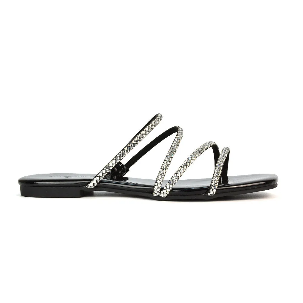 Kiki Slip On Sliders Diamante Flat Sandal Summer Shoes With Square Toe in Silver