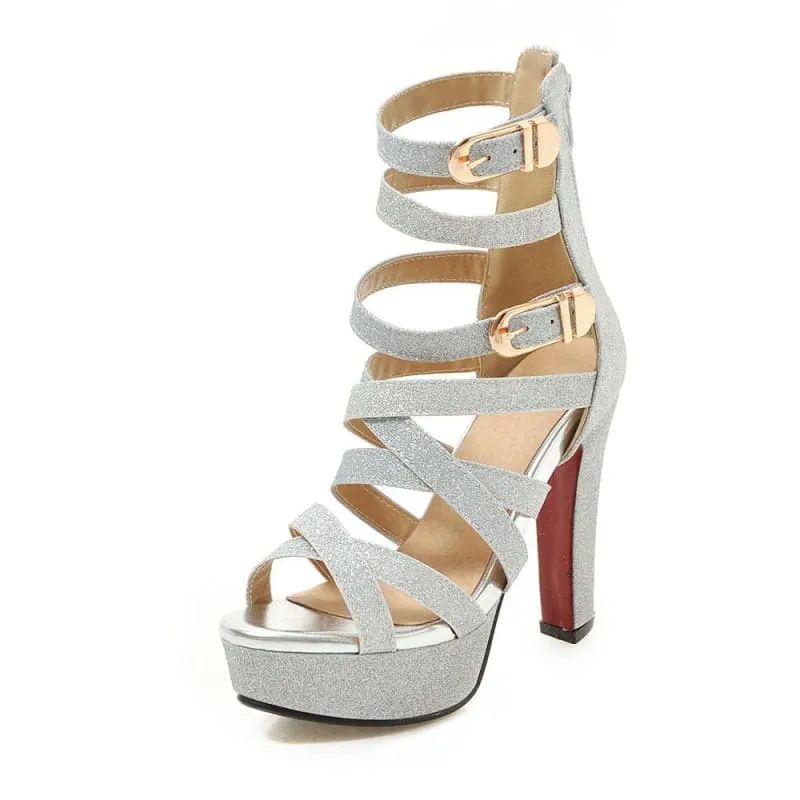 Ladies Chunky High Heel Platform Sandals with Gold Buckles