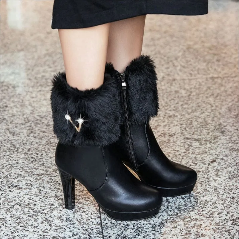 Ladies Winter Short Snow Chunky Heel Fur Booties for Stylish Comfort