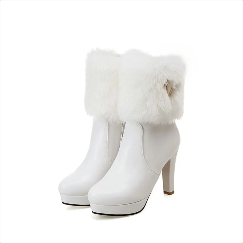 Ladies Winter Short Snow Chunky Heel Fur Booties for Stylish Comfort