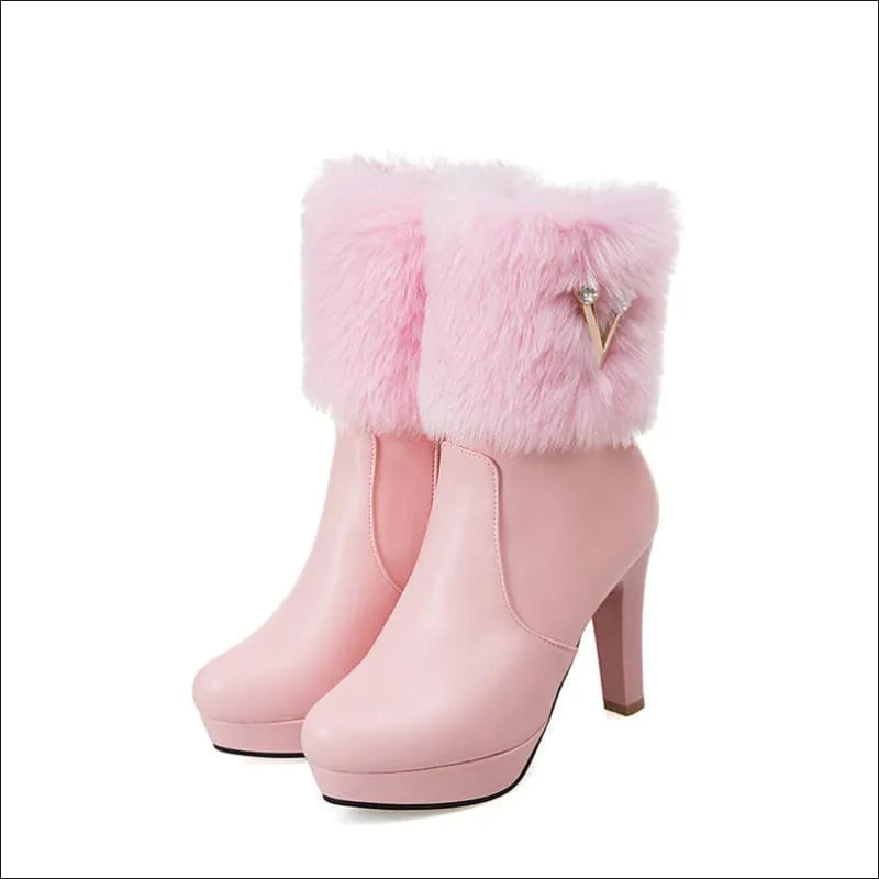 Ladies Winter Short Snow Chunky Heel Fur Booties for Stylish Comfort