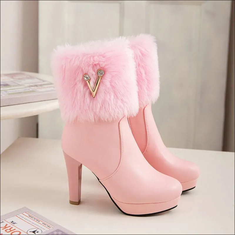 Ladies Winter Short Snow Chunky Heel Fur Booties for Stylish Comfort