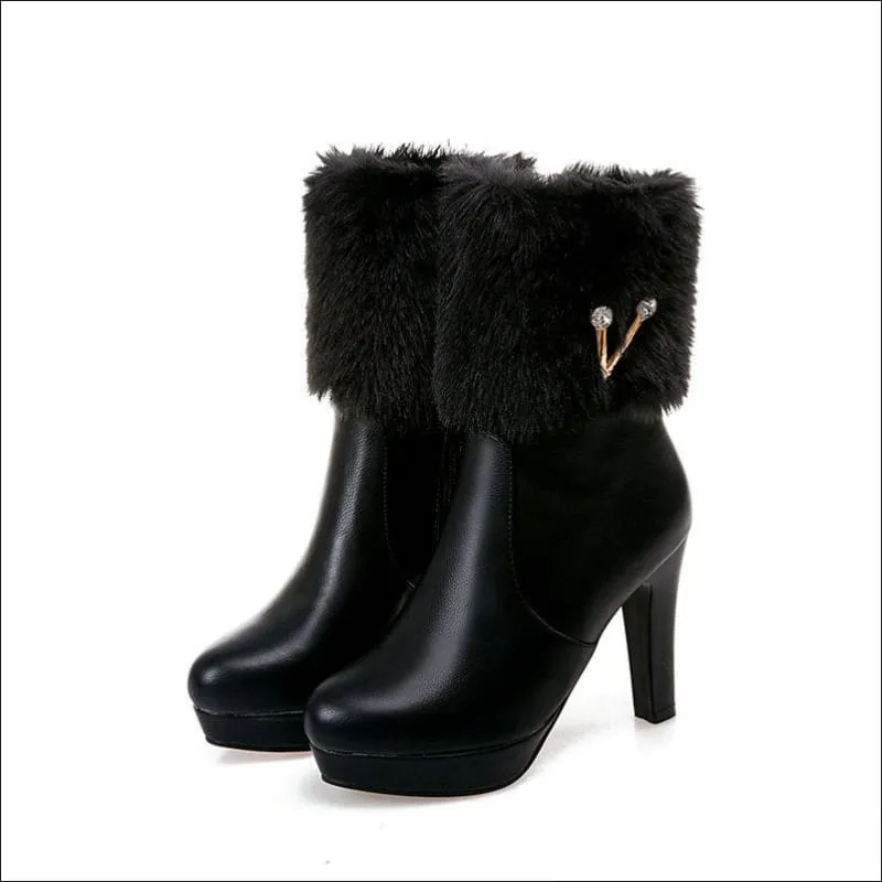 Ladies Winter Short Snow Chunky Heel Fur Booties for Stylish Comfort