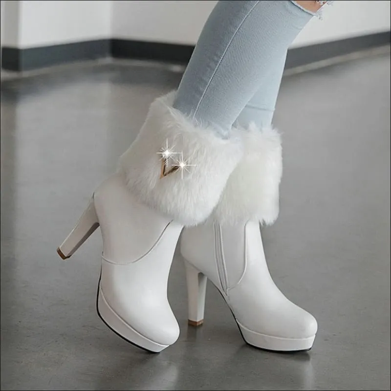 Ladies Winter Short Snow Chunky Heel Fur Booties for Stylish Comfort