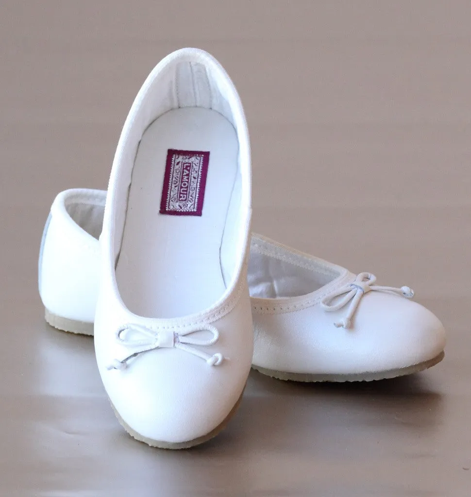 L'Amour Girls White Leather Ballet Bow Flats