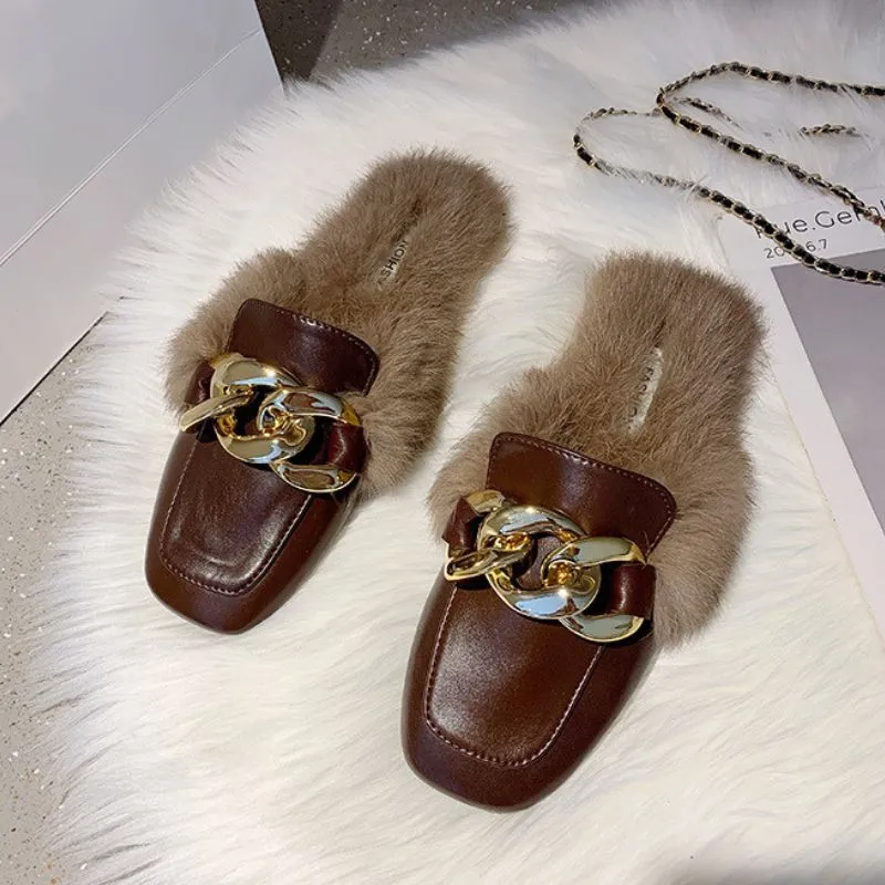 Luxury Golden Chain Fur Lined Ergonomic Design Backless Fluffy Round Toe Orthopedic Insole Winter Mules for Women