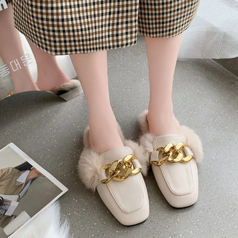 Luxury Golden Chain Fur Lined Ergonomic Design Backless Fluffy Round Toe Orthopedic Insole Winter Mules for Women