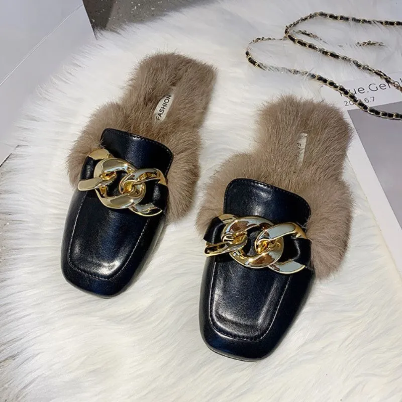 Luxury Golden Chain Fur Lined Ergonomic Design Backless Fluffy Round Toe Orthopedic Insole Winter Mules for Women