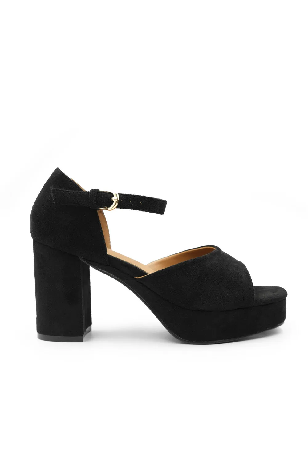 MARIN STATEMENT PLATFORM BLOCK HIGH HEELS WITH BUCKLE DETAIL IN BLACK SUEDE