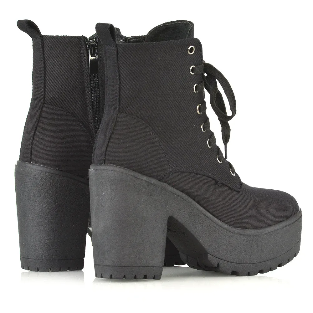 Merida Lace up Chunky Platform Block High Heel Ankle Boots in Black Canvas