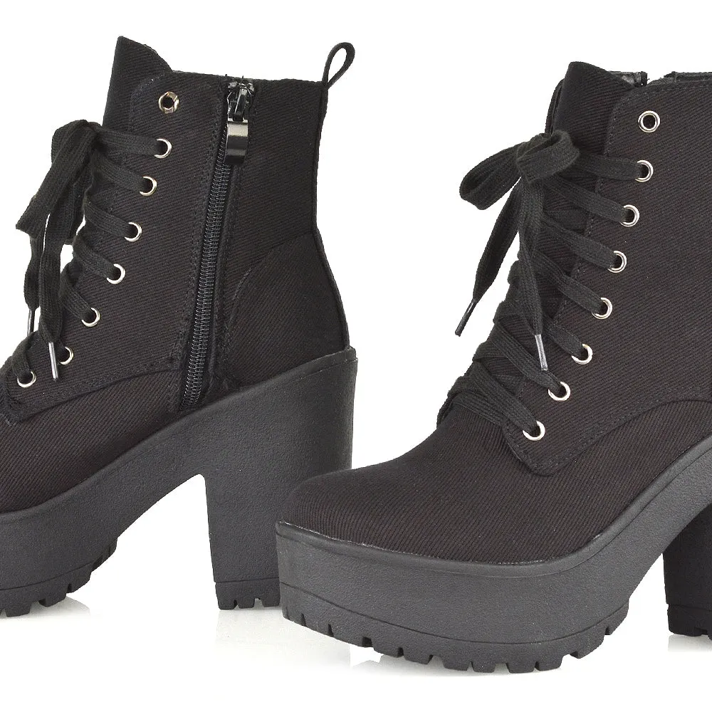 Merida Lace up Chunky Platform Block High Heel Ankle Boots in Black Canvas