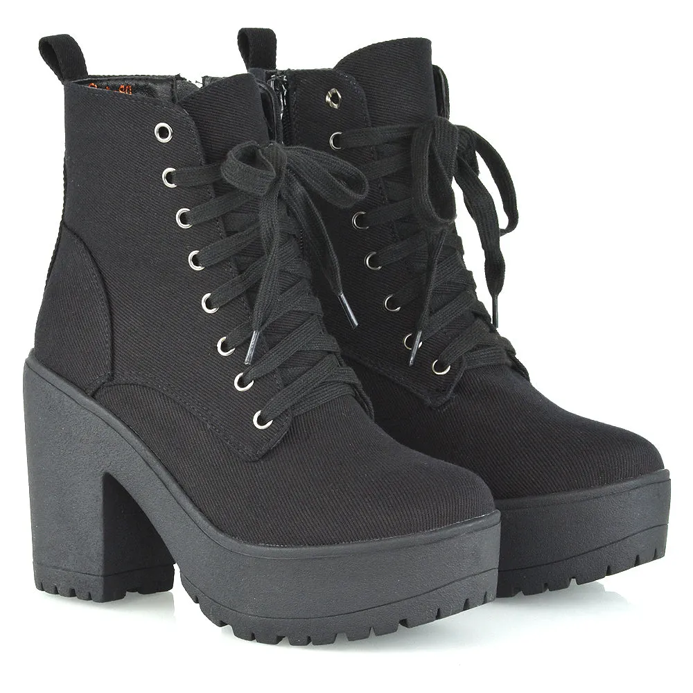 Merida Lace up Chunky Platform Block High Heel Ankle Boots in Black Canvas