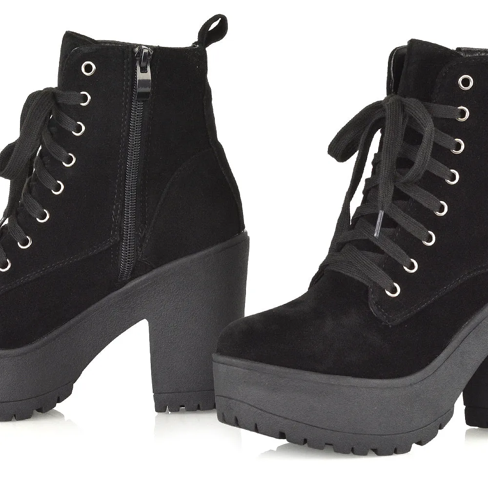 Merida Lace up Chunky Platform Block High Heel Ankle Boots in Black Canvas