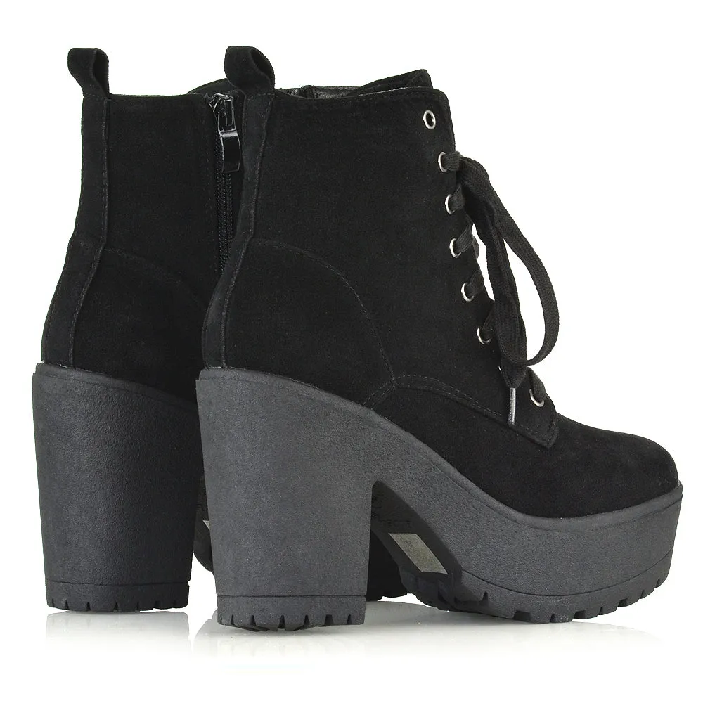 Merida Lace up Chunky Platform Block High Heel Ankle Boots in Black Synthetic Leather