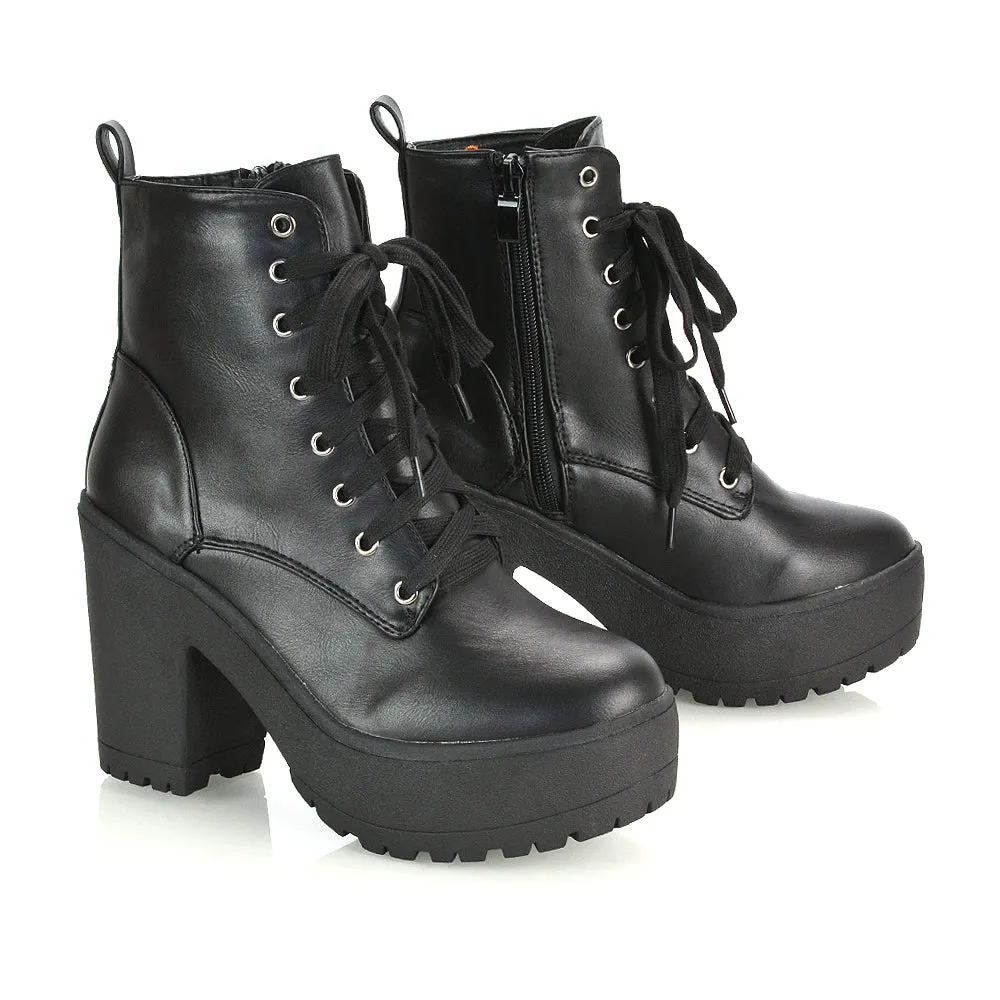 Merida Lace up Chunky Platform Block High Heel Ankle Boots in Black Synthetic Leather