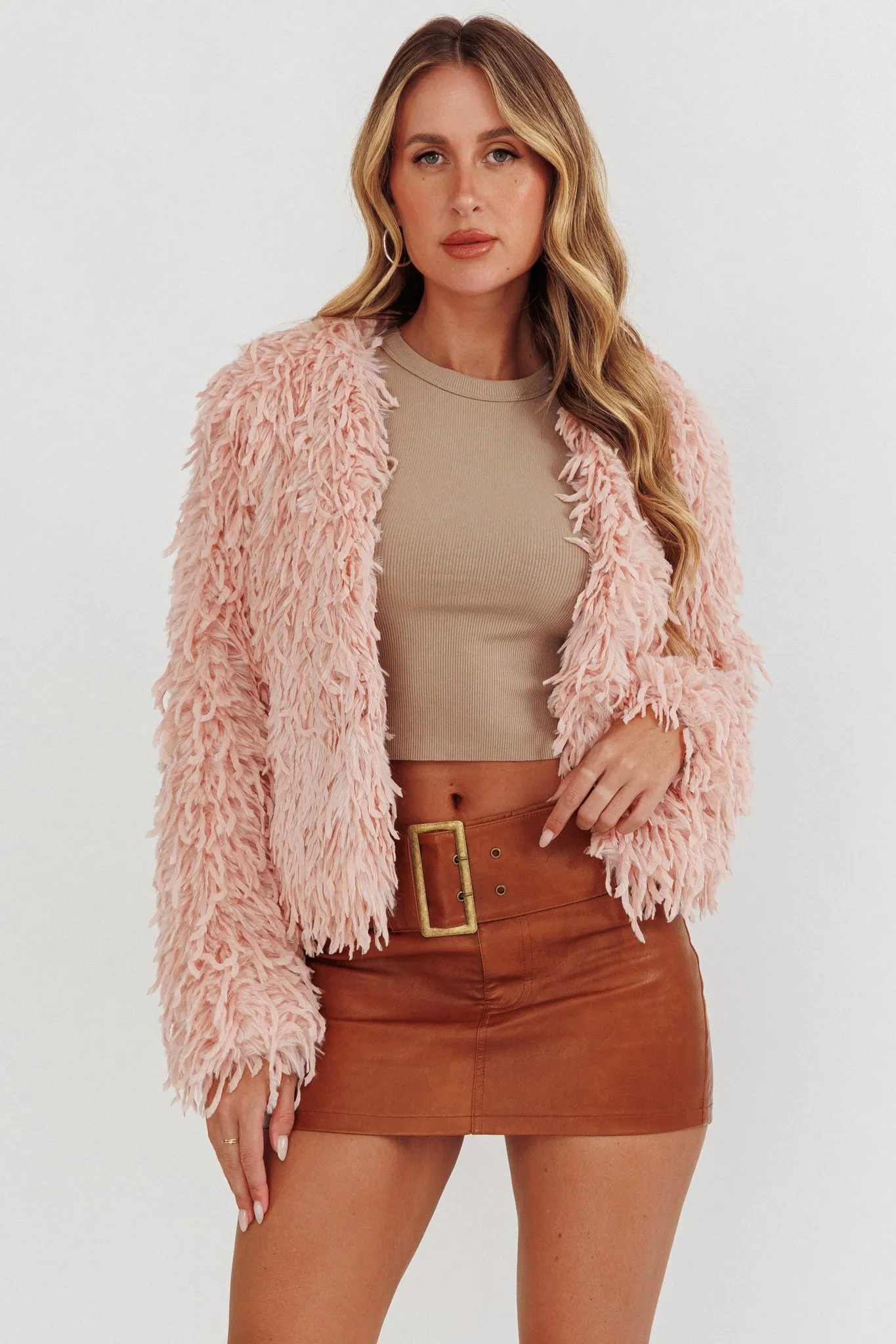 Montana Long Pile Faux Fur Jacket Blush