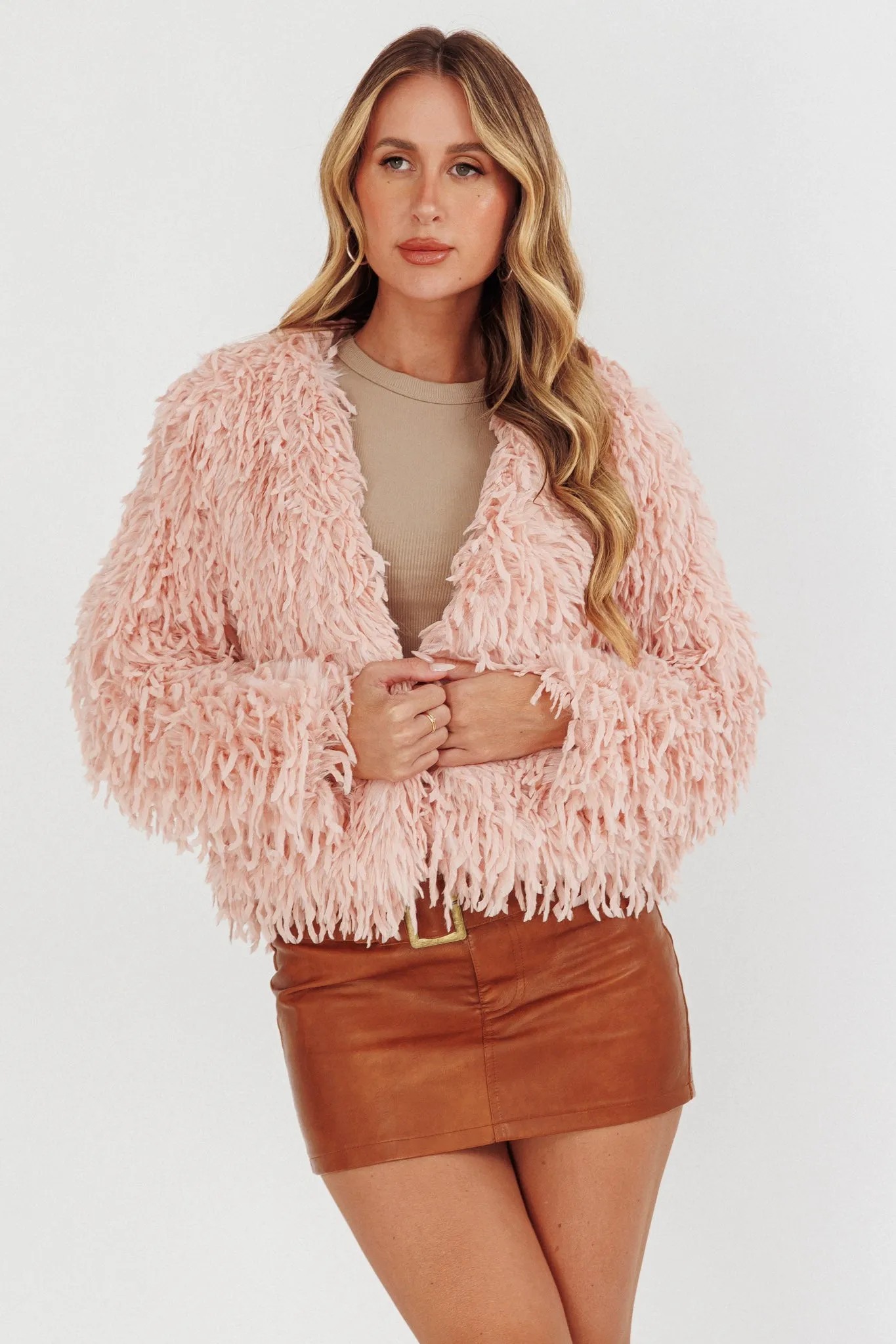 Montana Long Pile Faux Fur Jacket Blush