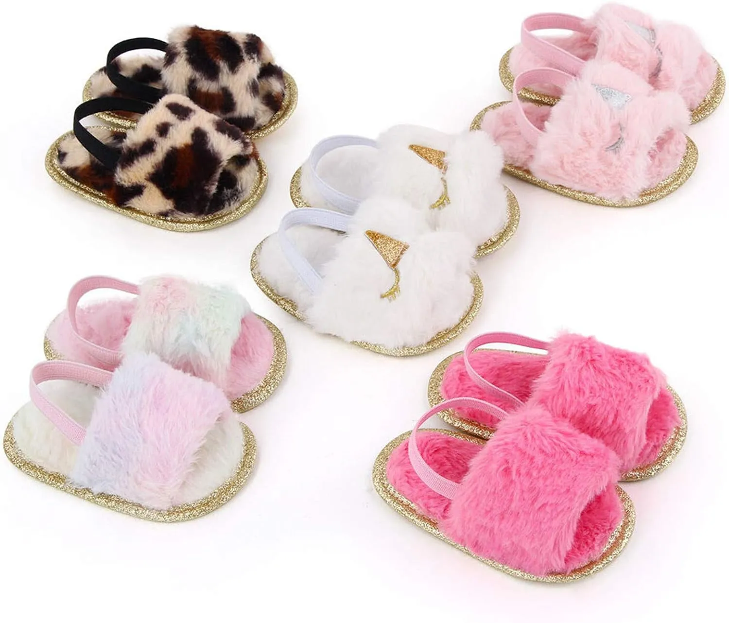 Newborn Infant Baby Plush Slippers Unisex Toddler Soft Sole Faux Fur Prewalker Sandals with Elastic Back Strap