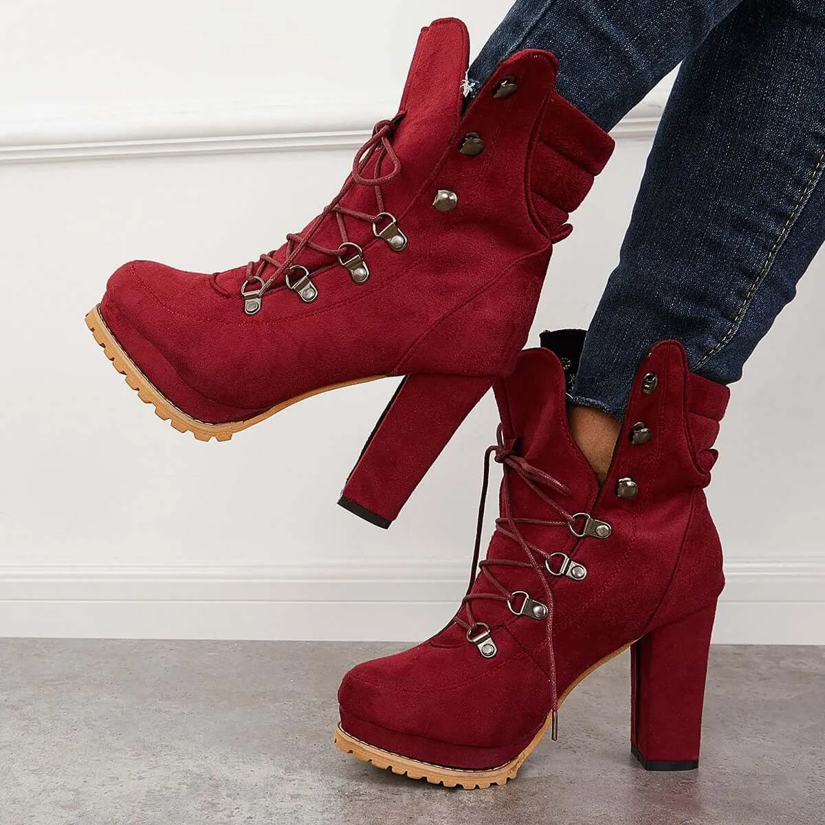 Non Slip Chunky Platform High Heels Lace Up Ankle Boots