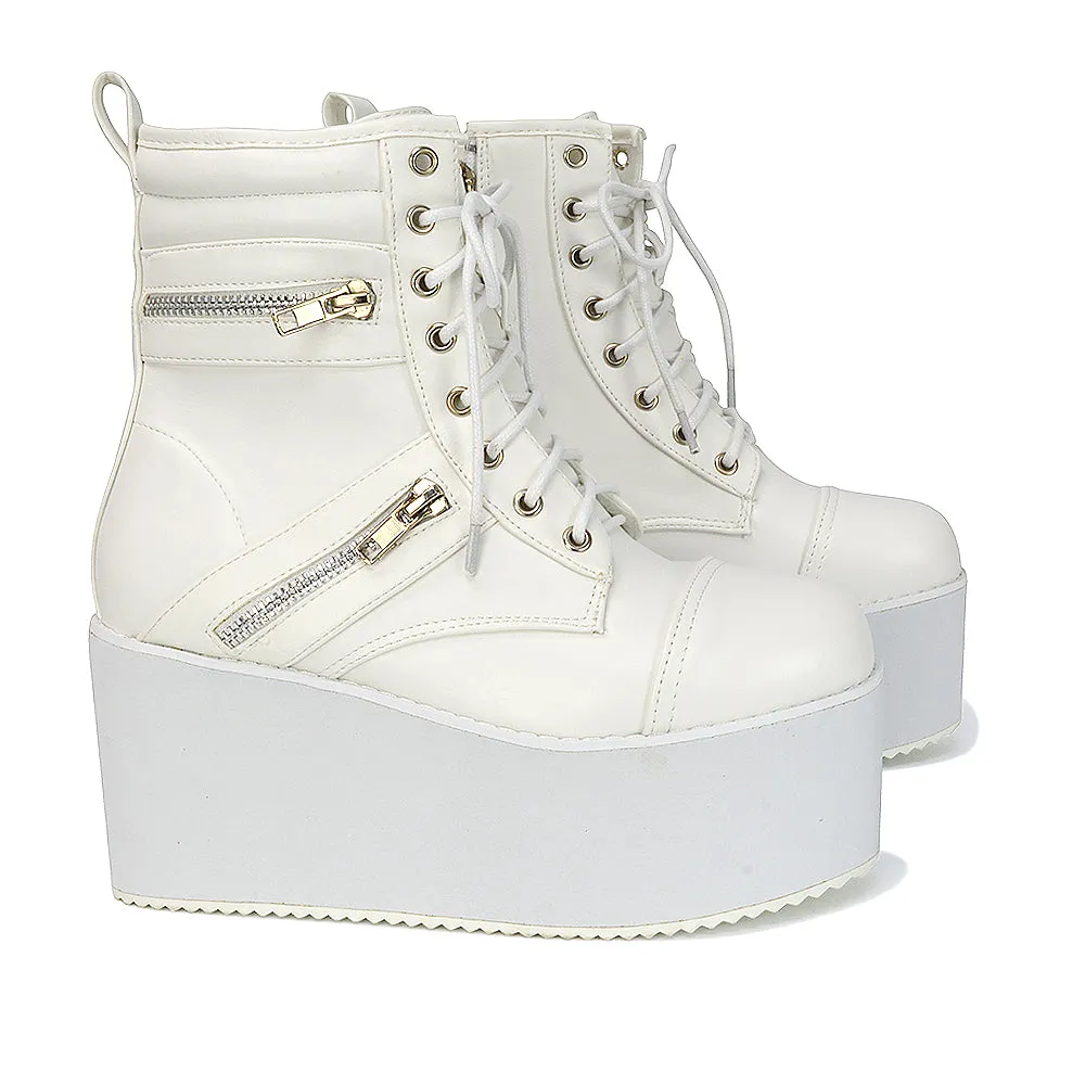 Ophelia Lace up Wedge Heeled Platform Ankle Boots in White Synthetic Leather