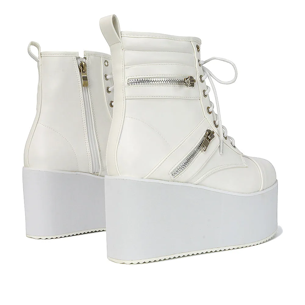 Ophelia Lace up Wedge Heeled Platform Ankle Boots in White Synthetic Leather