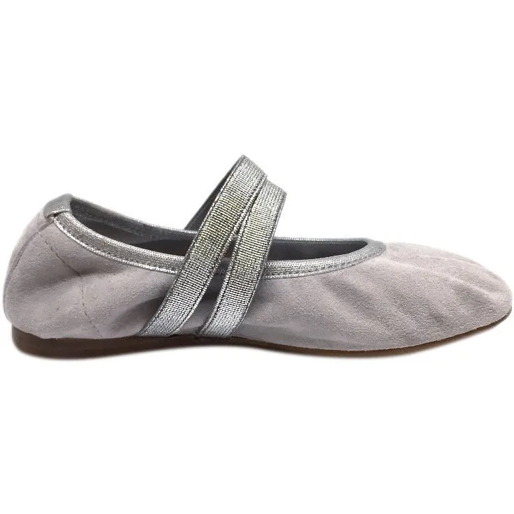 Papanatas by Eli Silver Grey Double Elastic Soft Suede Slip On Mary Jane Ballet Flats