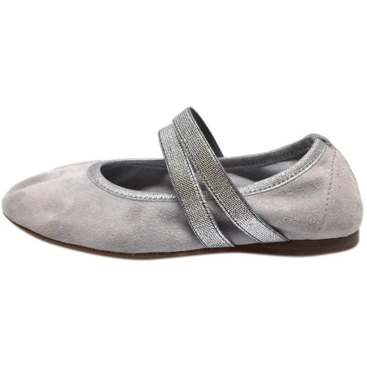 Papanatas by Eli Silver Grey Double Elastic Soft Suede Slip On Mary Jane Ballet Flats