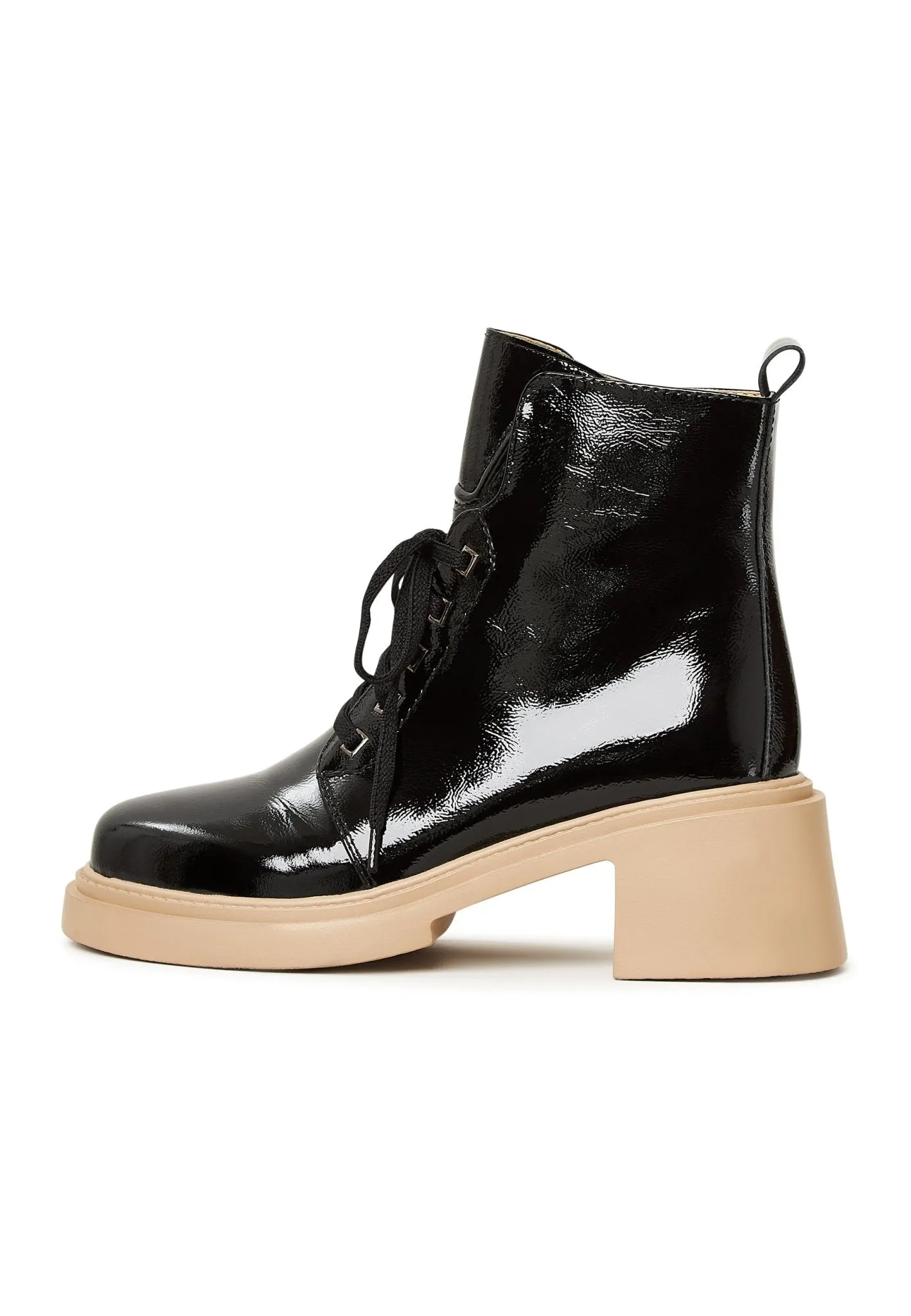 Patent Leather Lace-Up Ankle Boots - Black