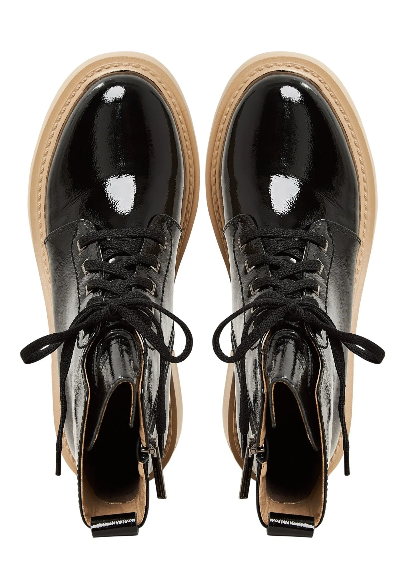 Patent Leather Lace-Up Ankle Boots - Black