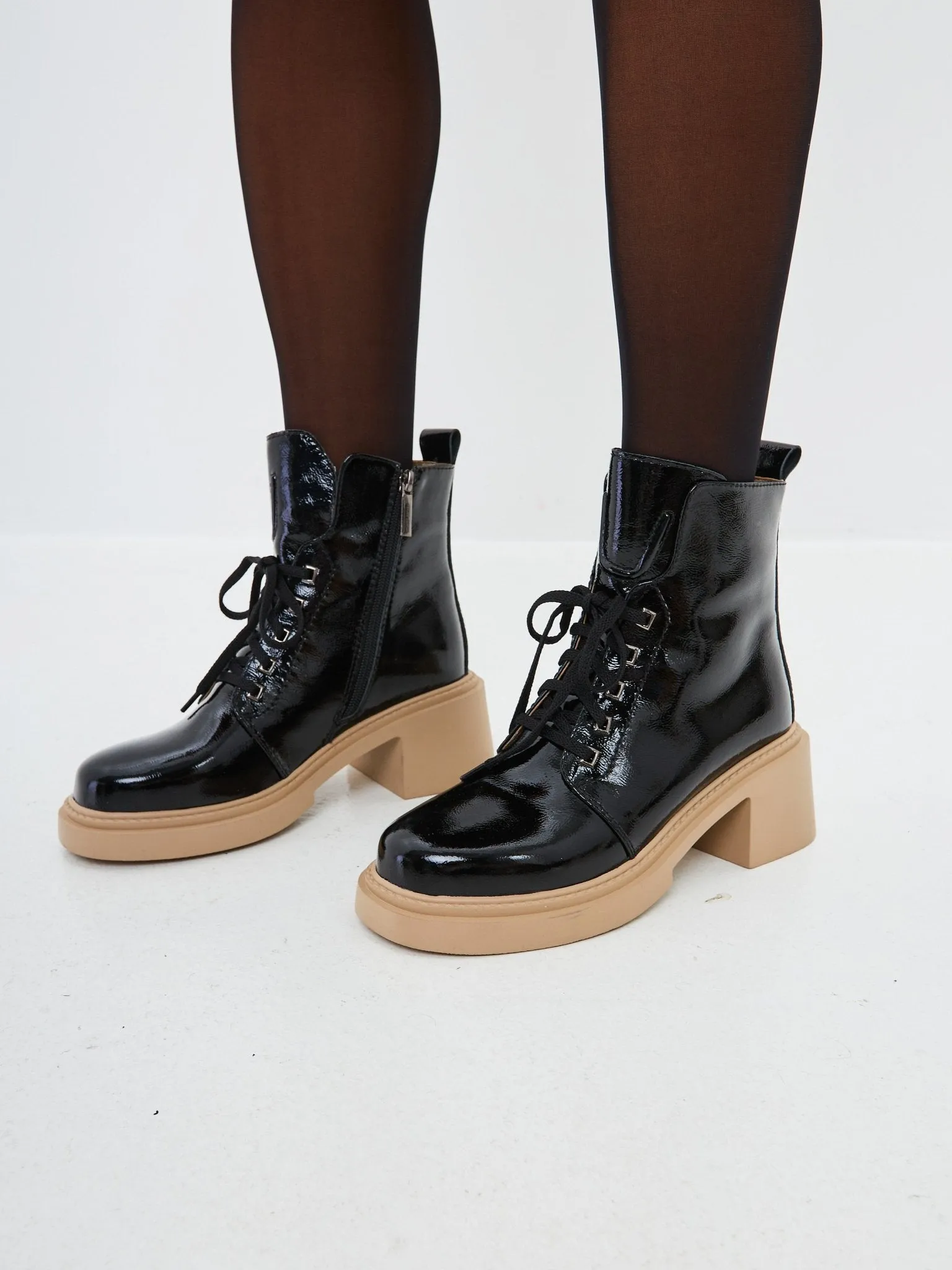 Patent Leather Lace-Up Ankle Boots - Black