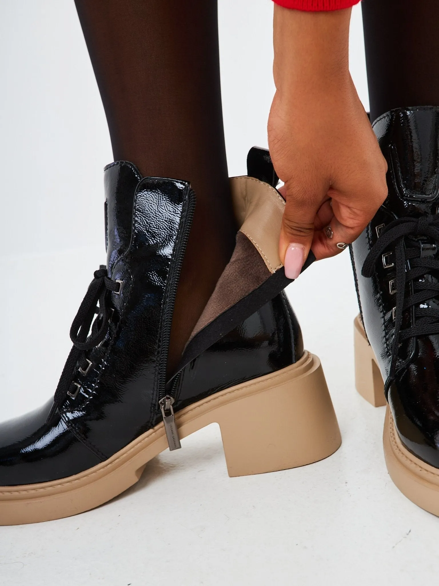 Patent Leather Lace-Up Ankle Boots - Black