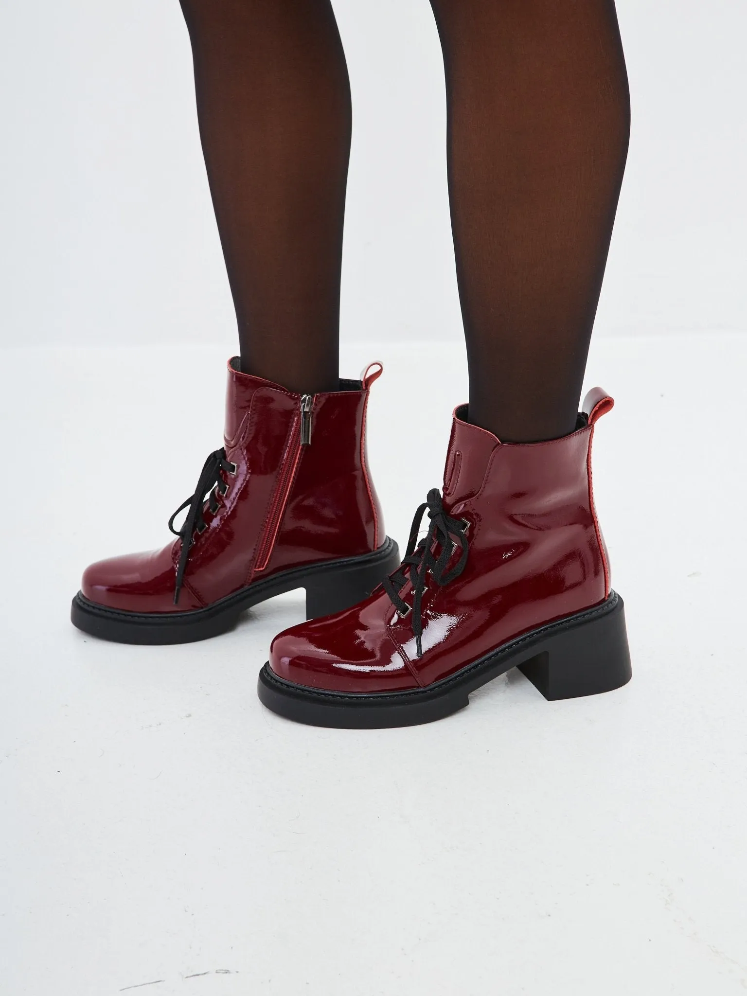 Patent Leather Lace-Up Ankle Boots - Bordeaux