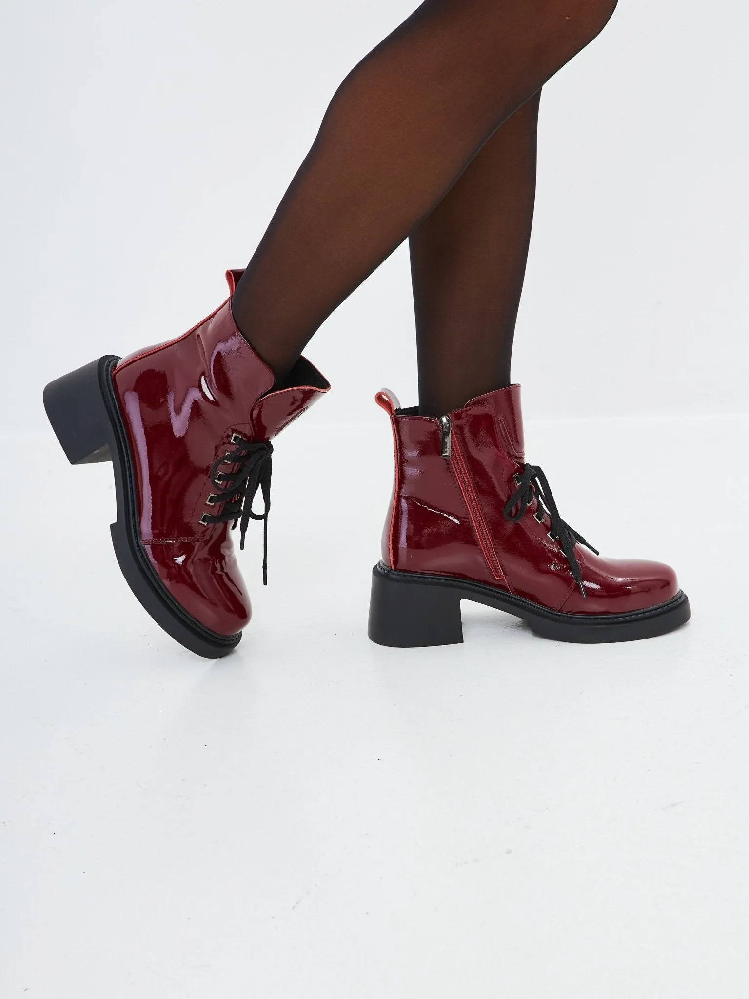 Patent Leather Lace-Up Ankle Boots - Bordeaux