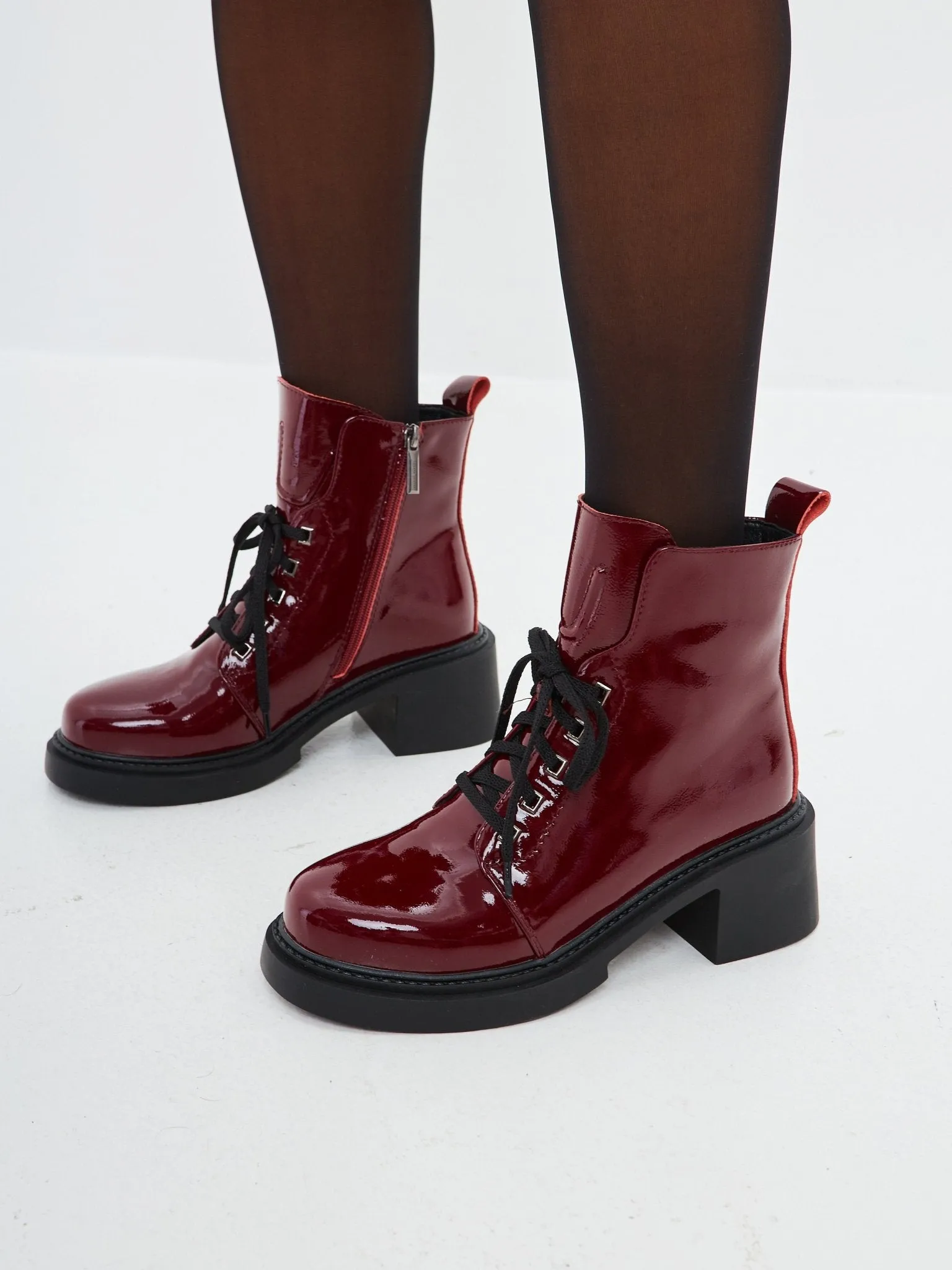 Patent Leather Lace-Up Ankle Boots - Bordeaux