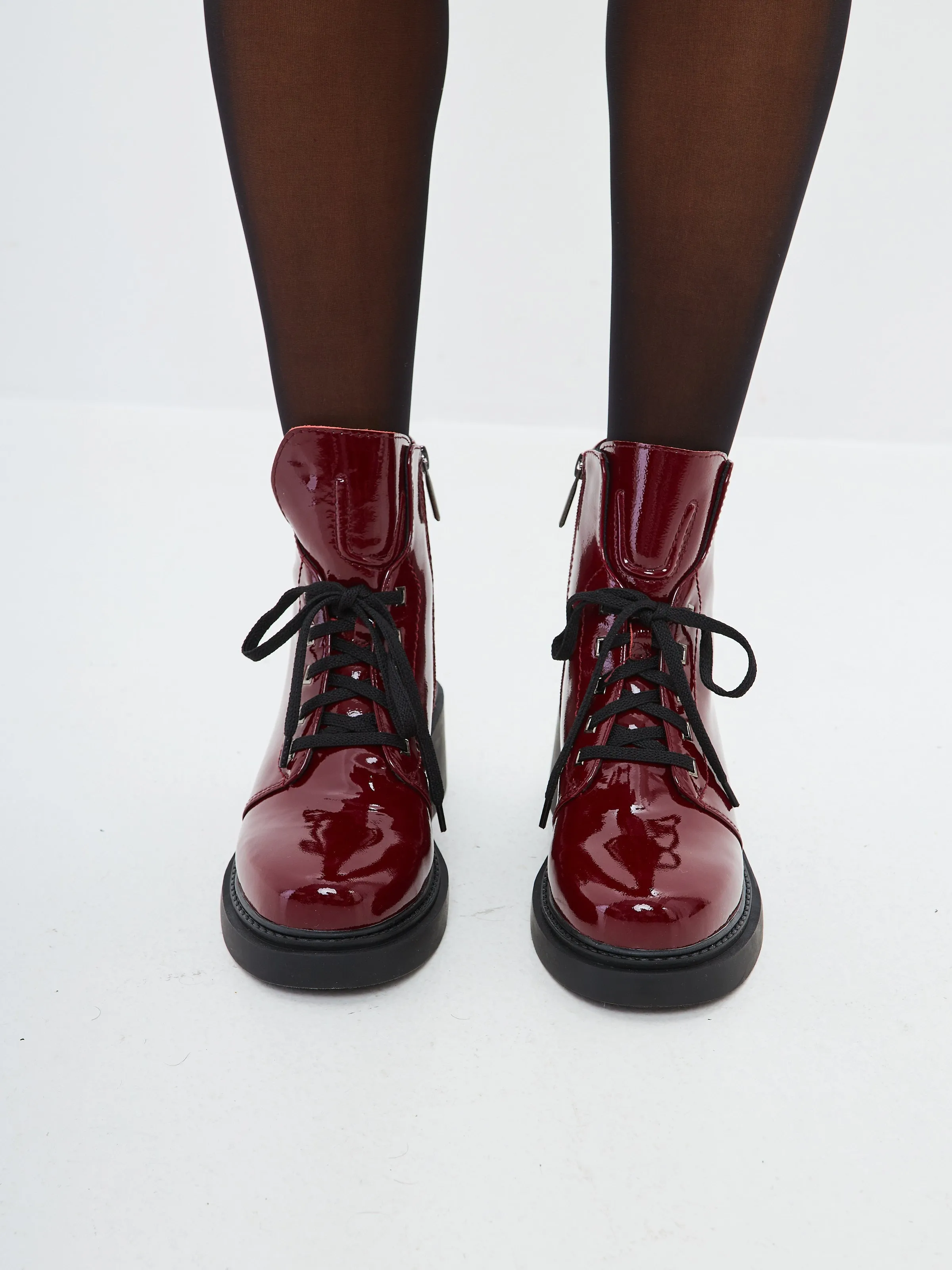 Patent Leather Lace-Up Ankle Boots - Bordeaux