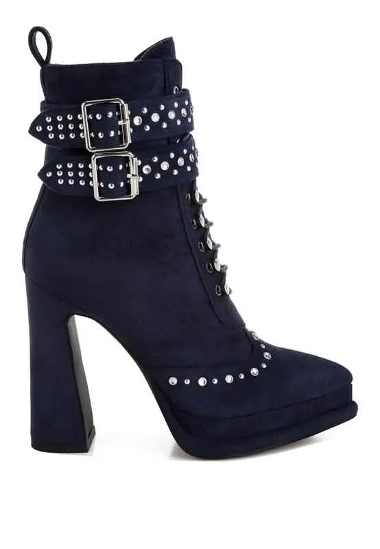 Retro Glam Studded Lace-Up Chunky Heel Ankle Boots