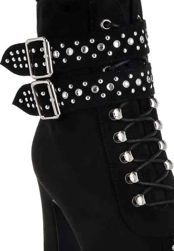 Retro Glam Studded Lace-Up Chunky Heel Ankle Boots