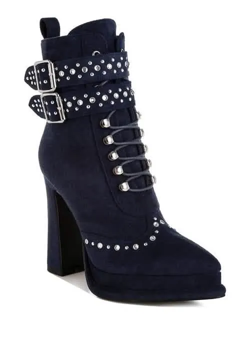 Retro Glam Studded Lace-Up Chunky Heel Ankle Boots