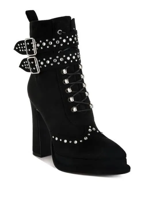 Retro Glam Studded Lace-Up Chunky Heel Ankle Boots