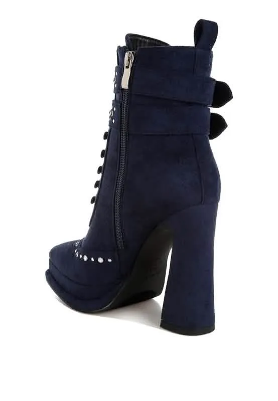 Retro Glam Studded Lace-Up Chunky Heel Ankle Boots