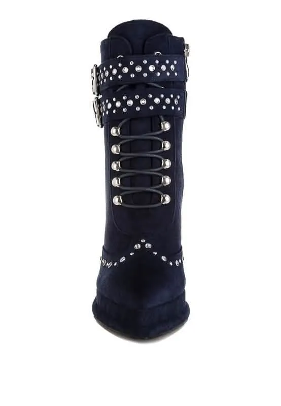 Retro Glam Studded Lace-Up Chunky Heel Ankle Boots