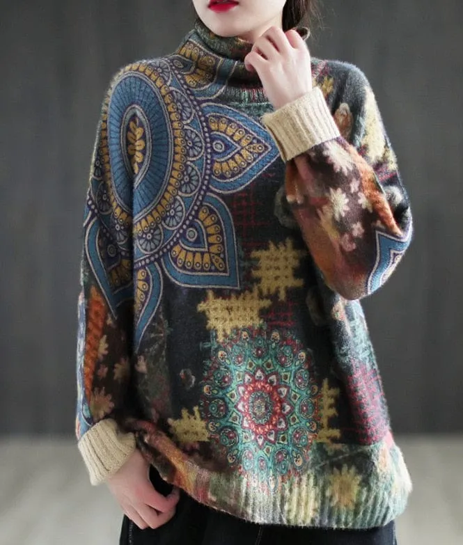 Retro Print Loose Turtleneck Sweater