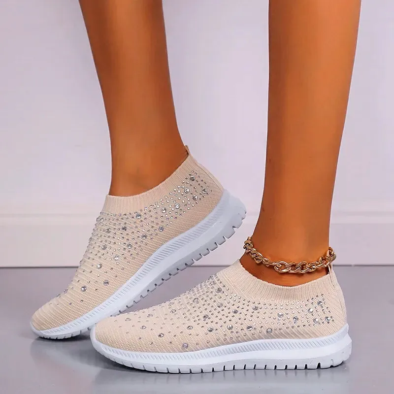 Rimocy Crystal Breathable Mesh Sneaker Shoes for Women Comfortable Soft Bottom Flats Plus Size  Slip Casual Shoes Woman